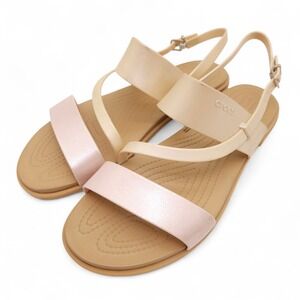 Crocs Tulum (Women's 11) Beige Sandal Strappy Tully Metallic Pink Gold Comfort